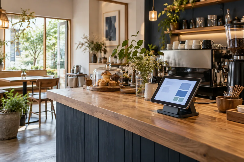 カフェのカウンターとタブレットPOSのイメージ。AI生成。