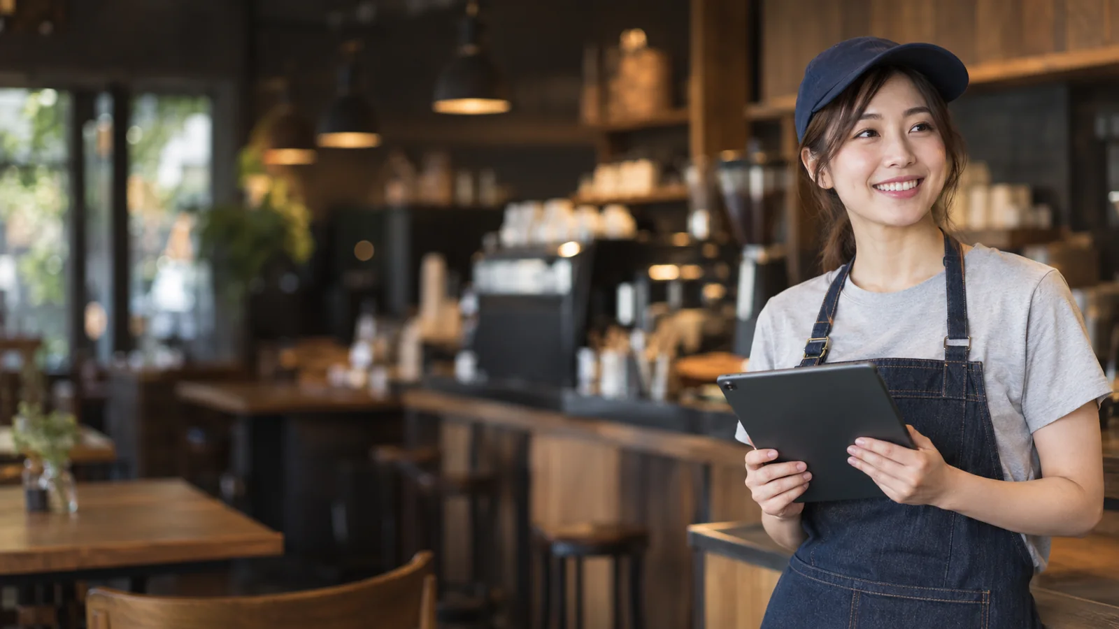 タブレットを持つカフェスタッフのイメージ。AI生成。